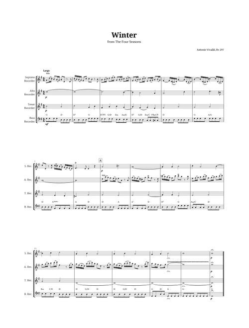 Largo from Winter by Vivaldi for Recorder Quartet with Chords (Arr. Langanho) - Antonio Vivaldi (Recorder Ensemble)