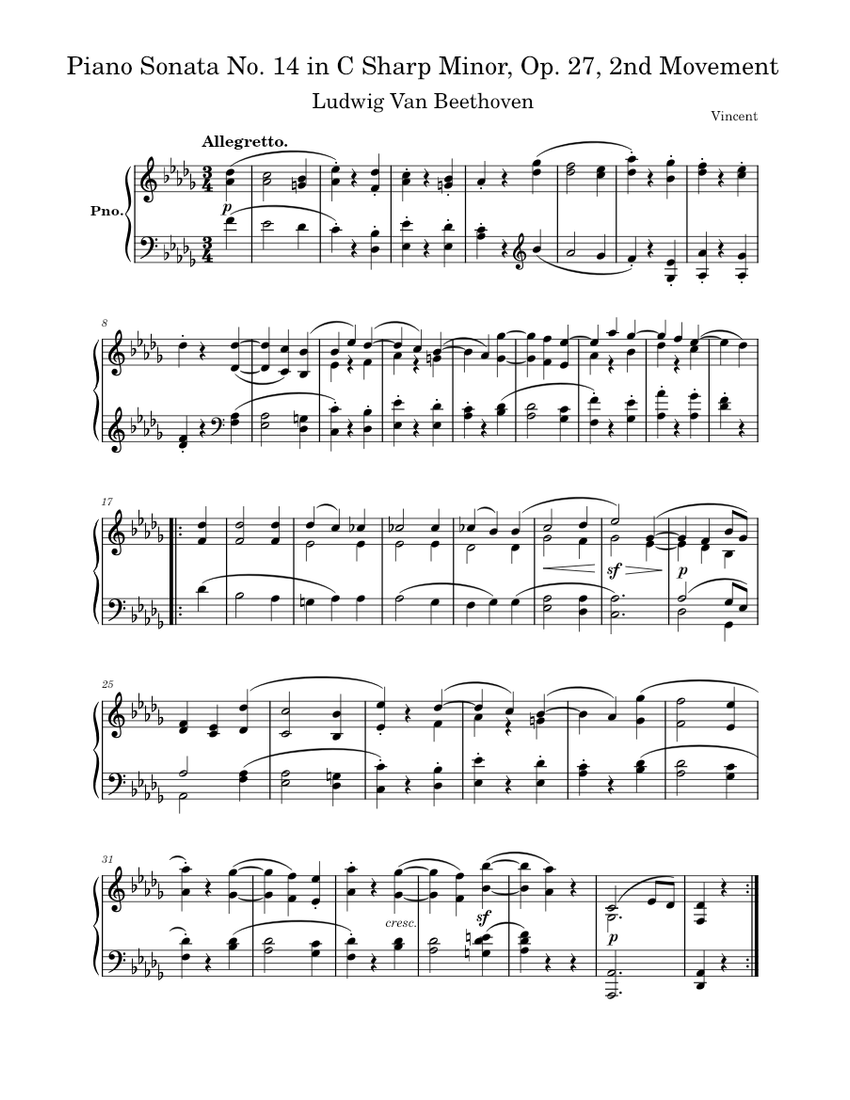 Beethoven - Piano Sonata No. 14 in C Sharp Minor, Op. 27, 2nd Movement  Sheet music for Piano (Solo) Easy | Musescore.com