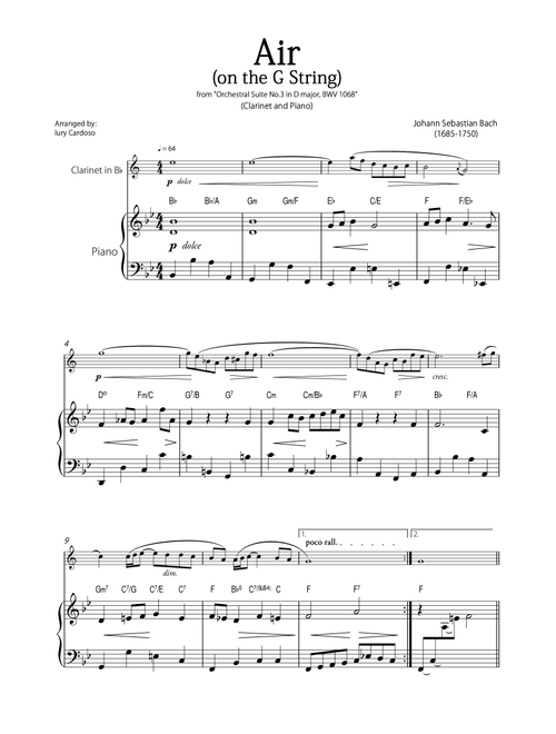 "Air - on the G string" (Bach) - Beautiful EASY version for CLARINET and PIANO (chord symbols). (Arr. Iury Cardoso) - Johann Sebastian Bach (Clarinet and Piano)