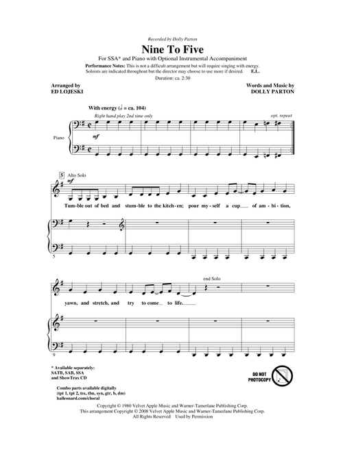 Nine To Five (arr. Ed Lojeski) - Dolly Parton (Choral, SSA)