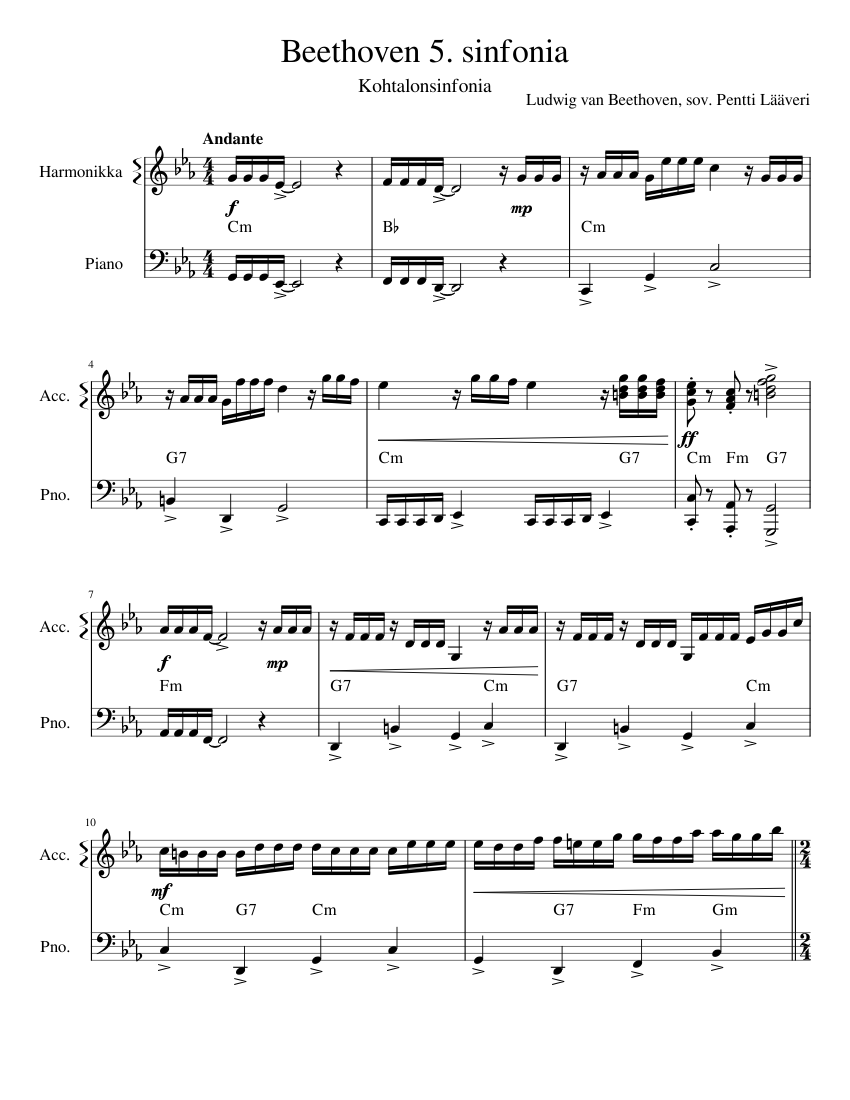 Simfonija Note Beethoven 5. sinfonia Sheet Music with Chords for Piano, Accordion ...