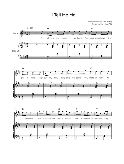 I'll Tell Me Ma - Flute with Piano in D Easy with Chords and Lyrics (Arr. MissoRB) - Traditional Irish Folk Song (Flute and Piano)