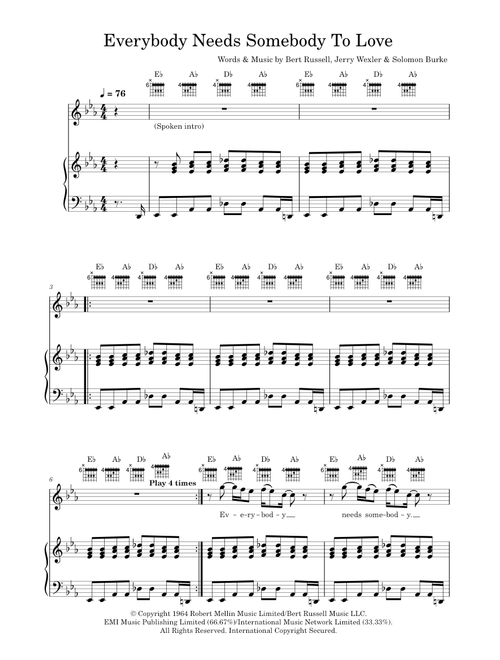 Everybody Needs Somebody To Love - Blues Brothers, Solomon Burke (Piano-Vocal-Guitar (Piano Accompaniment))