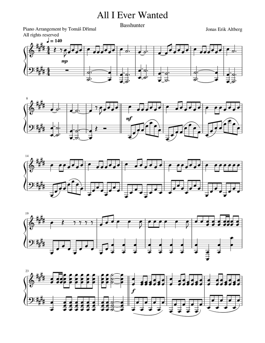 Basshunter All I Ever Wanted (Piano Arrangement) Sheet music for Piano (Solo)