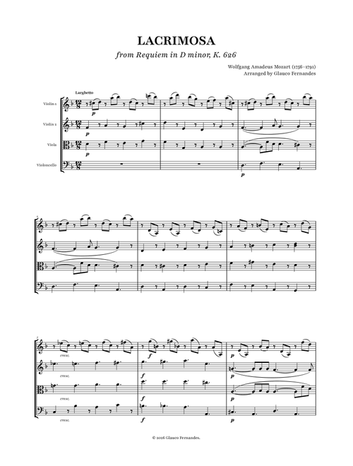 Lacrimosa (Requiem) - W. A. Mozart | STRING QUARTET (Arr. Glauco Fernandes) - Wolfgang Amadeus Mozart (String Quartet)