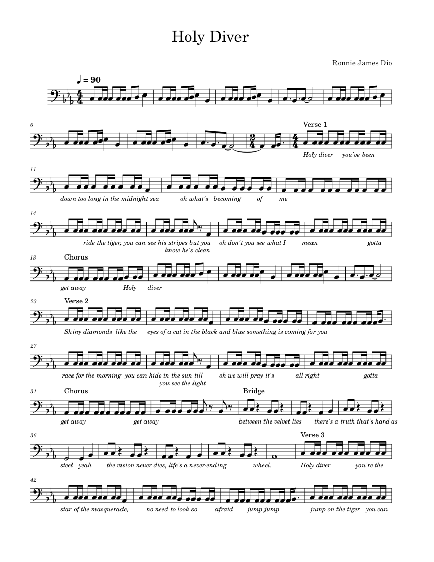 ディオ　ベスト・ヒット・スコア　バンド譜　DIO Holy Diver – Dio Sheet Music for Bass guitar (Solo