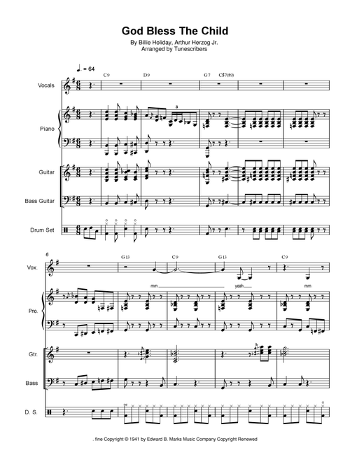 God Bless The Child (Arr. Tunescribers) - Billie Holiday, Arthur Herzog Jr (Small Ensemble)