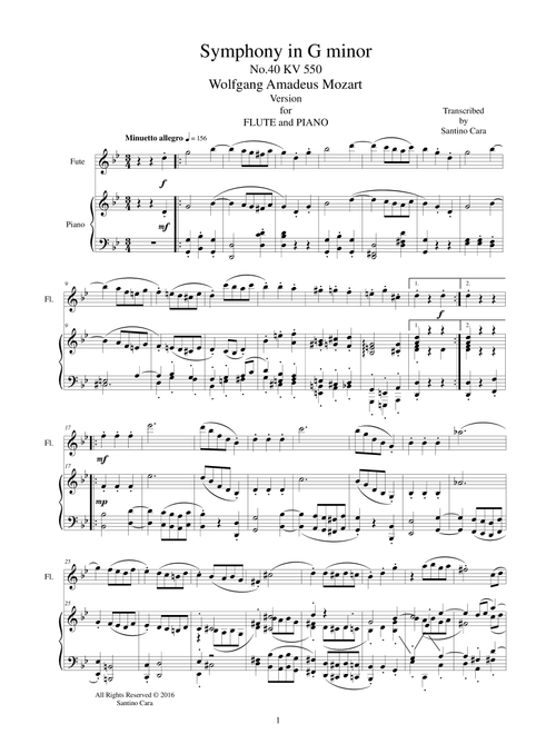 Mozart - Symphony in G minor No.40 mov. 3 Menuetto(Trio) -Flute and Piano (Arr. Santino Cara) - Mozart Wolfgang Amadeus (Flute and Piano)