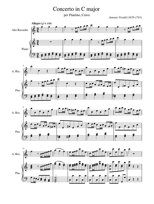 Recorder Concerto in C major, RV 443 – Antonio Vivaldi Antonio Vivaldi Vivaldi Recorder Concerto in C Piano and Recorder