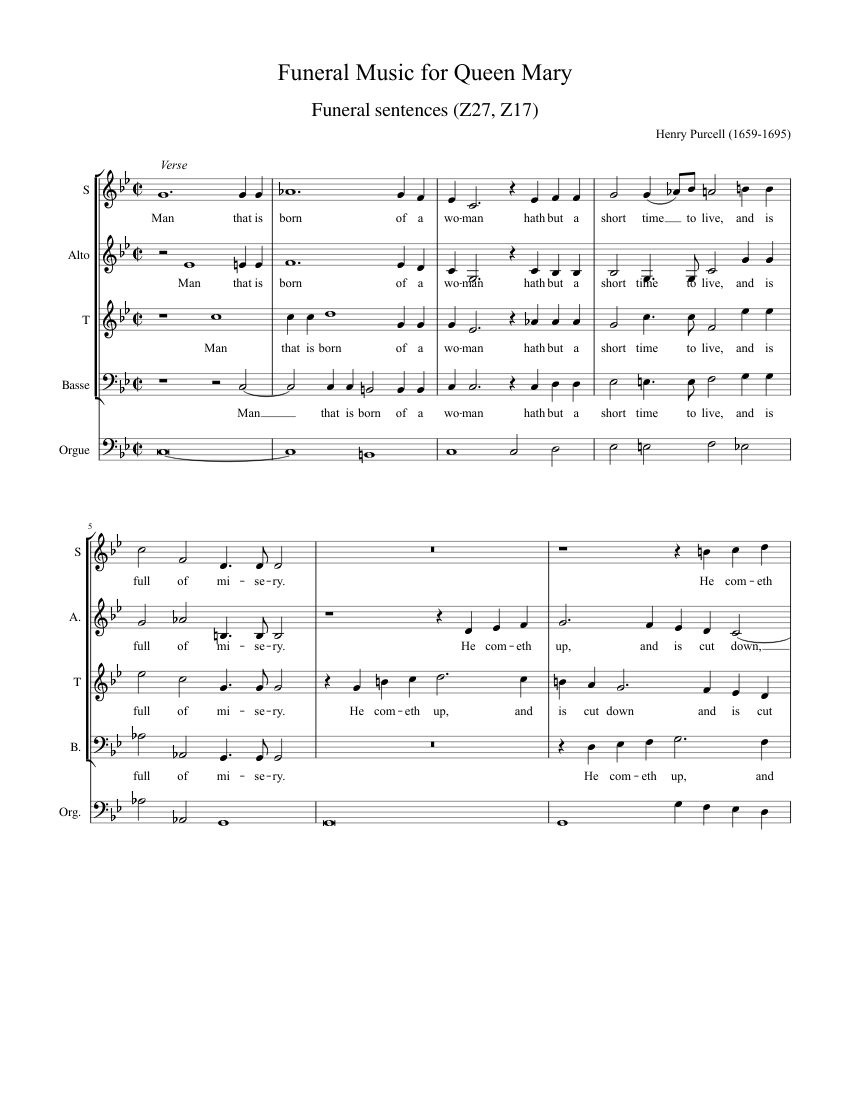 despensa despreciar Extranjero Purcell - Funeral Music for Queen Mary : Z27, Z17c Sheet music for Organ,  Flute, Oboe, Bassoon (Mixed Quintet) | Musescore.com