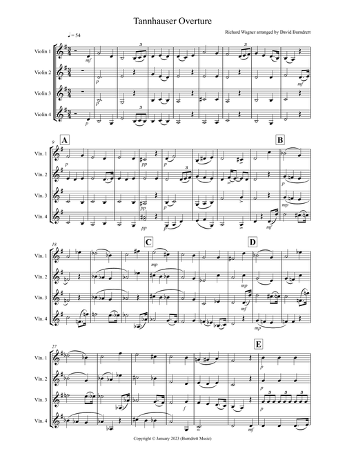 Tannhäuser Overture for Violin Quartet (Arr. David Burndrett) - Richard Wagner (Small Ensemble)