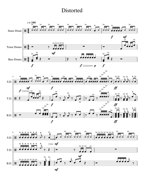 distorted Sheet Music for Snare drum, Tenor drum, Bass drum