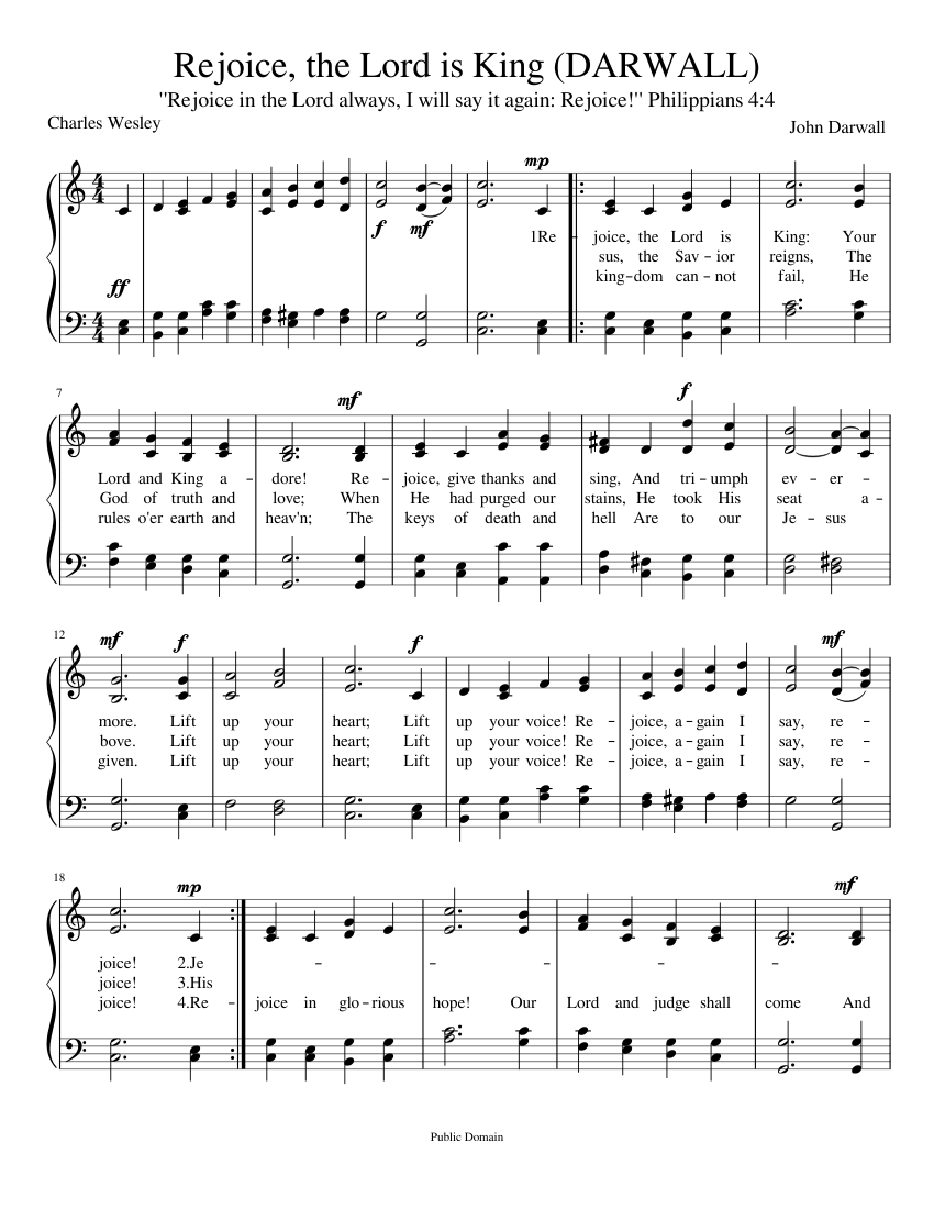 Rejoice, the Lord is King (DARWALL) Sheet Music for Piano (Solo) easy ...