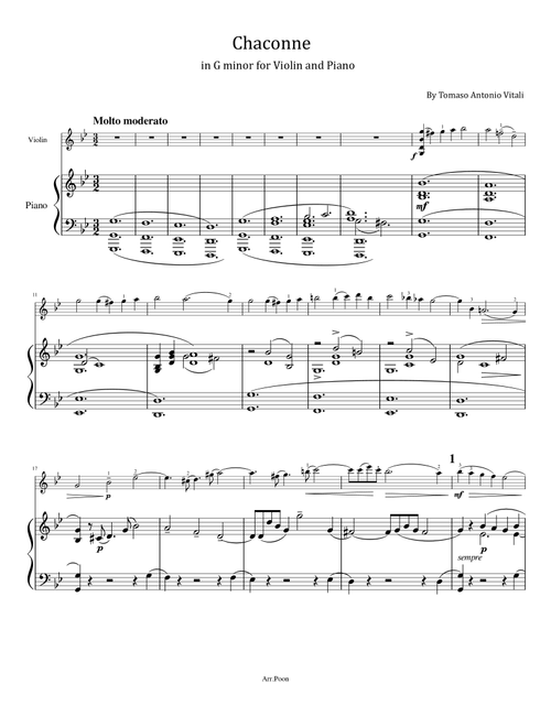 Tomaso Antonio Vitali - Chaconne in G minor - for Violin and Piano Original (Arr. poon) (Violin and Piano)