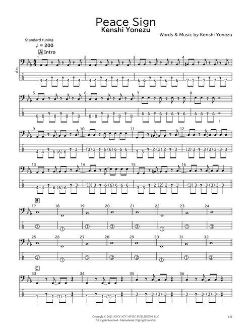 Peace Sign (Arr. bassscore.masspro) - Kenshi Yonezu (Bass Tab)