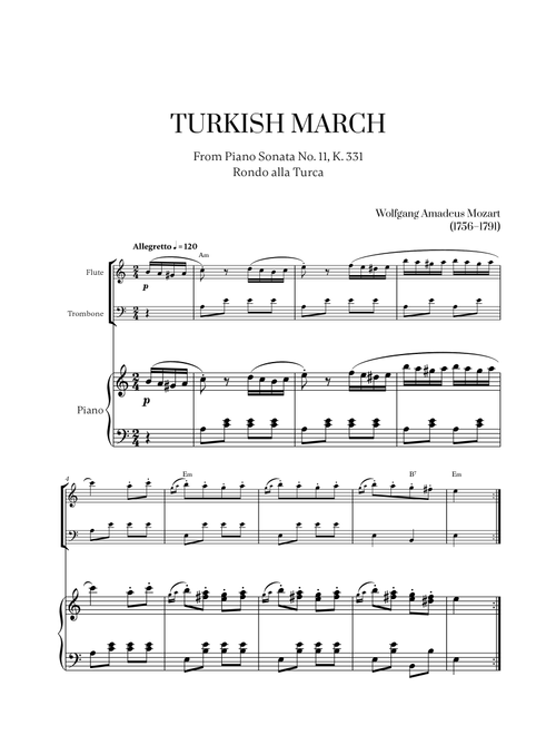 W. A. Mozart - Turkish March (Alla Turca) (with chords) for Flute, Trombone and Piano (Arr. Cadenza Editions) (Instrumental Duet and Piano)