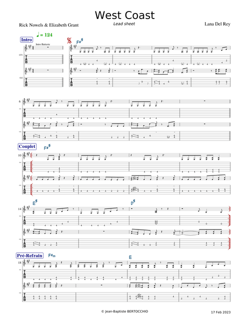 West coast – Lana Del Rey (Gt Lead Sheet)