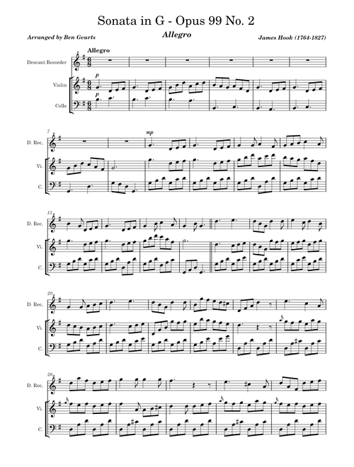 Sonat in G for Descant Recorder,Violin and Cello - Op.99, No.2 Allegro – James Hook