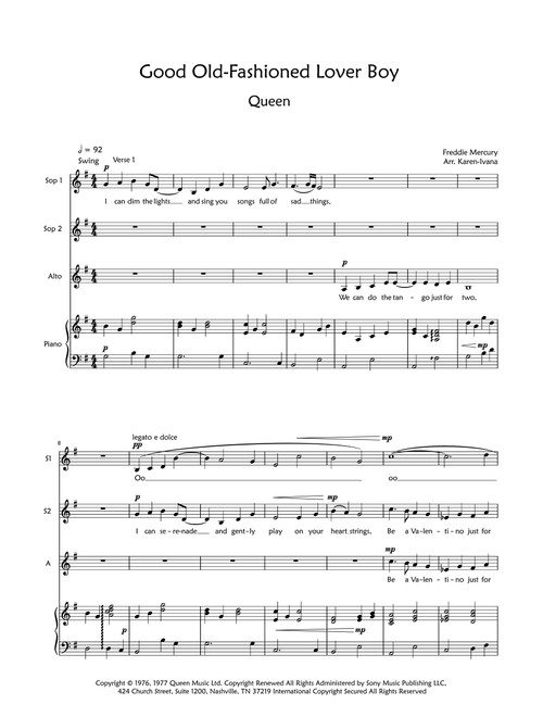 Good Old-fashioned Lover Boy (Arr. Karen Ivana) - Queen (Choral, SSA)