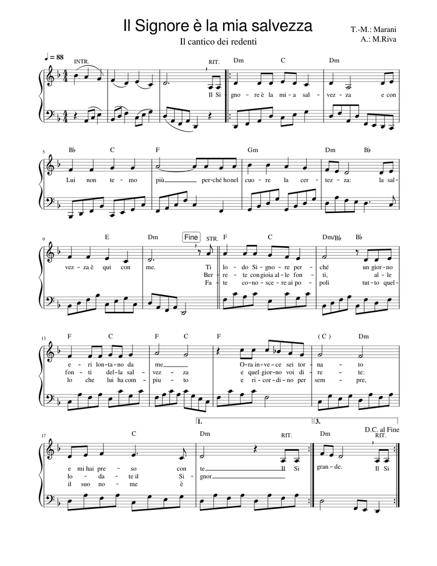 Il Signore è La Mia Salvezza Testo Canto Il Signore è la mia salvezza – Marani - Riva Sheet music for Piano