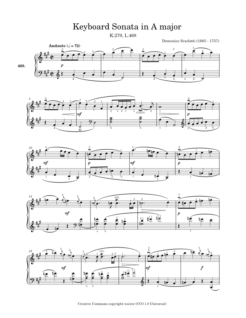 Score Keyboard Keyboard Sonata in A major, K.279, 468 - Domenico Scarlatti Sheet Music ...