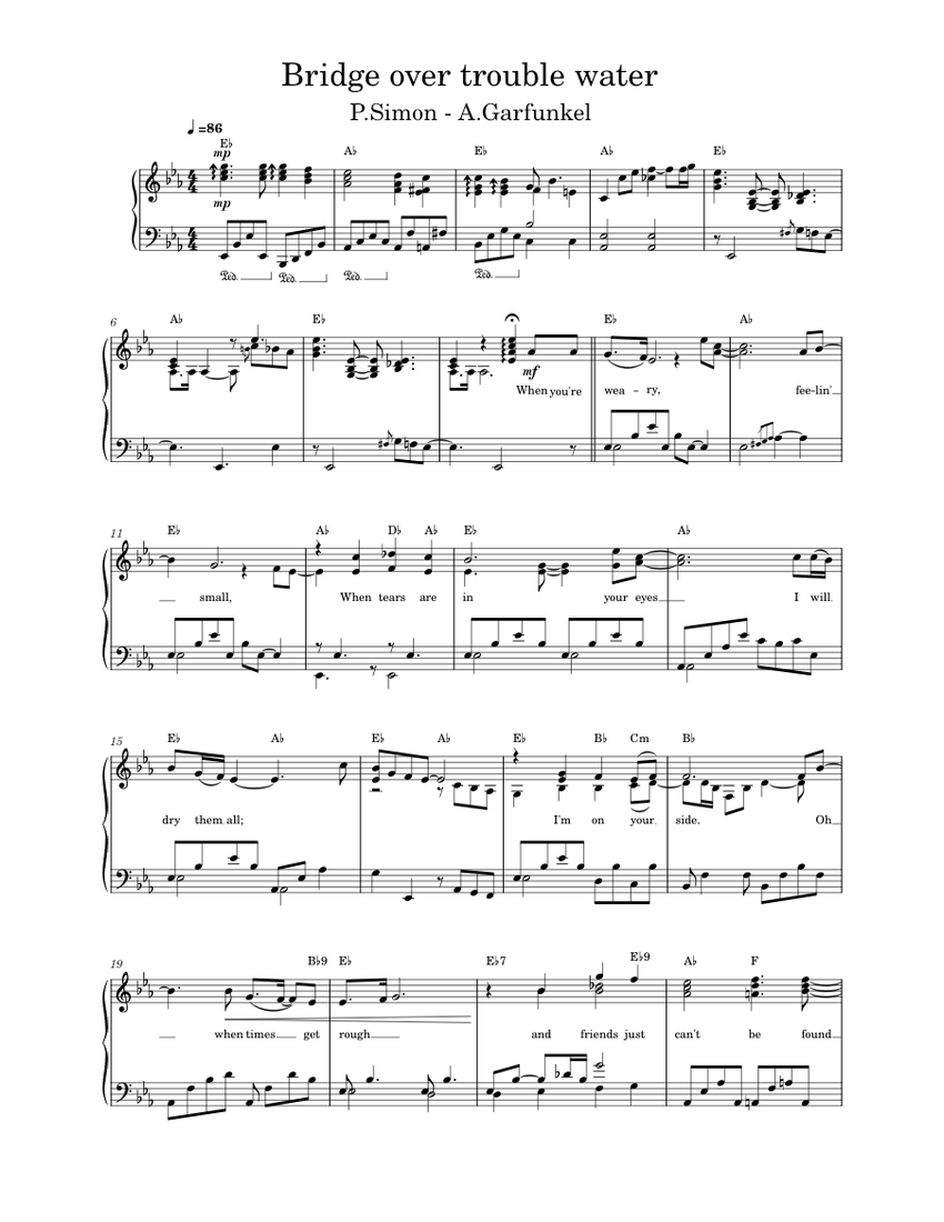 Bridge Over Troubled Water Sheet Music with Chords for Piano (Solo ...