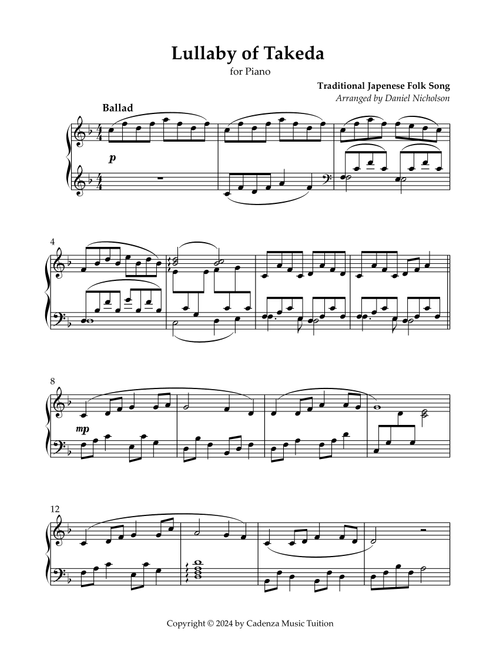 Takeda Lullaby (Arr. Daniel Nicholson) - Traditional Japanese (Piano Solo)
