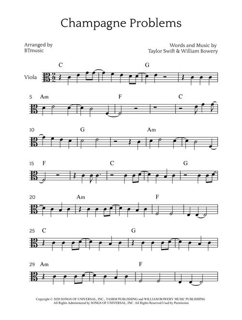 Champagne Problems (Arr. BTmusic) - Taylor Swift (Viola Solo)