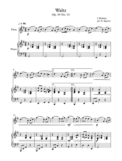 Waltz (Op. 39 No. 15), Johannes Brahms, For Flute & Piano (Arr. Eugene Egorov) (Flute and Piano)