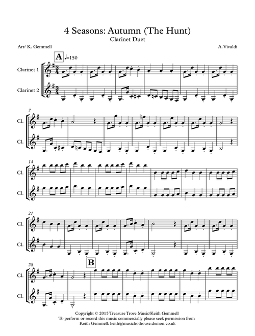 4 Seasons: Autumn (The Hunt) Clarinet Duet (Arr. Keith Gemmell) - A, Vivaldi (Clarinet Duet)