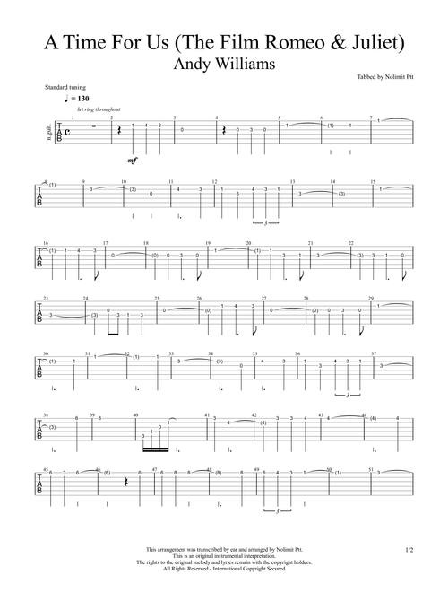 A Time For Us (The Film Romeo & Juliet) (Arr. Righty) - Ändy Williams (Easy Guitar with TAB)