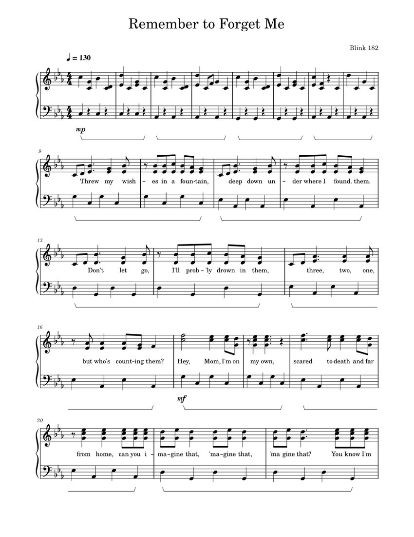 Remember to Forget Me - Blink 182 Sheet Music for Piano (Solo ...