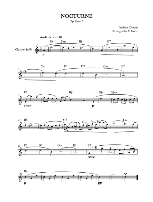 Chopin Nocturne op. 9 no. 2 | Clarinet in Bb | B-flat Major | Chords | Easy beginner (Arr. Milanov) - Frédéric Chopin (Clarinet Solo)