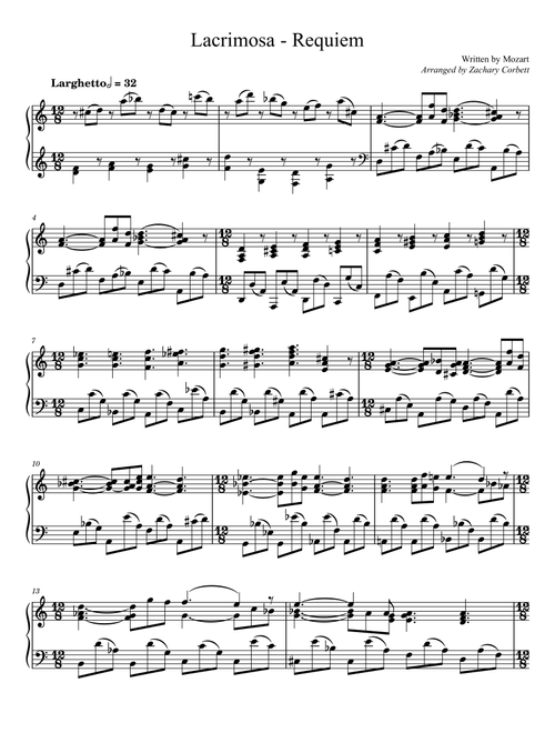 Lacrimosa - Requiem (Arr. Zachary Corbett) - Wolfgang Amadeus Mozart (Piano Solo)