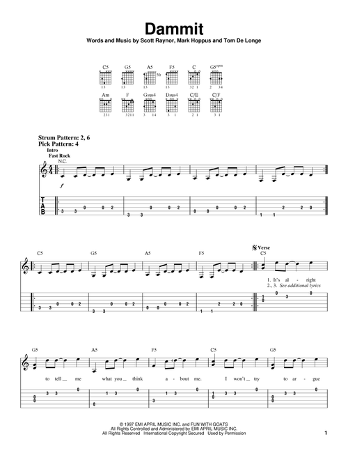 Dammit - Blink-182 (Easy Guitar with TAB)
