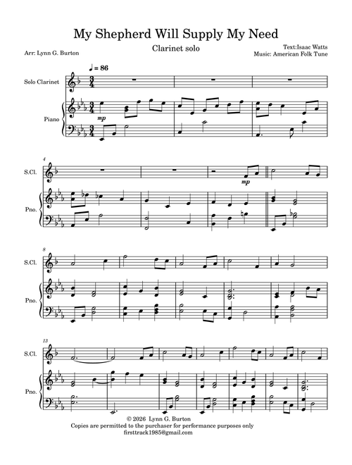 My Shepherd Will Supply My Need (Arr. Lynn G. Burton) - Isaac Watts (Clarinet and Piano)