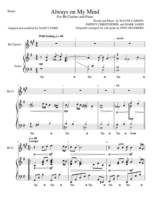 Always on My Mind - Wayne Carson, Johnny Christopher, and Mark James (Bb Clarinet and Piano)