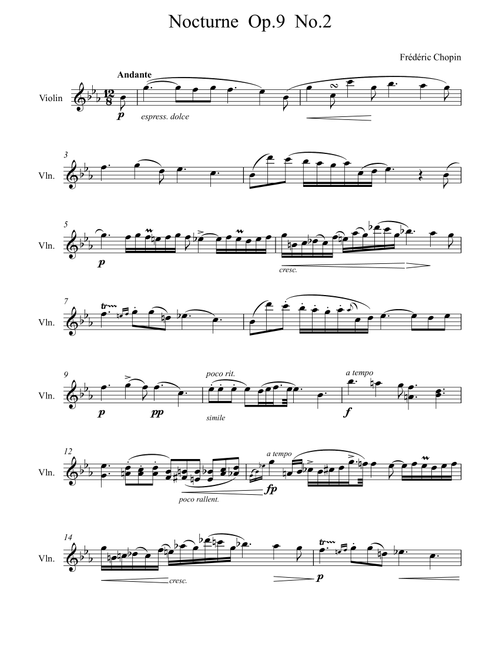 Frédéric Chopin - Nocturne Op 9 No 2 - (Violin Solo) (Arr. André Laitano) (Violin Solo)
