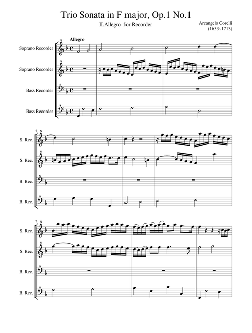 Arcangelo Corelli (1653-1713) - Trio Sonata in F major, Op.1 No.1 II.Allegro (for Recorder)