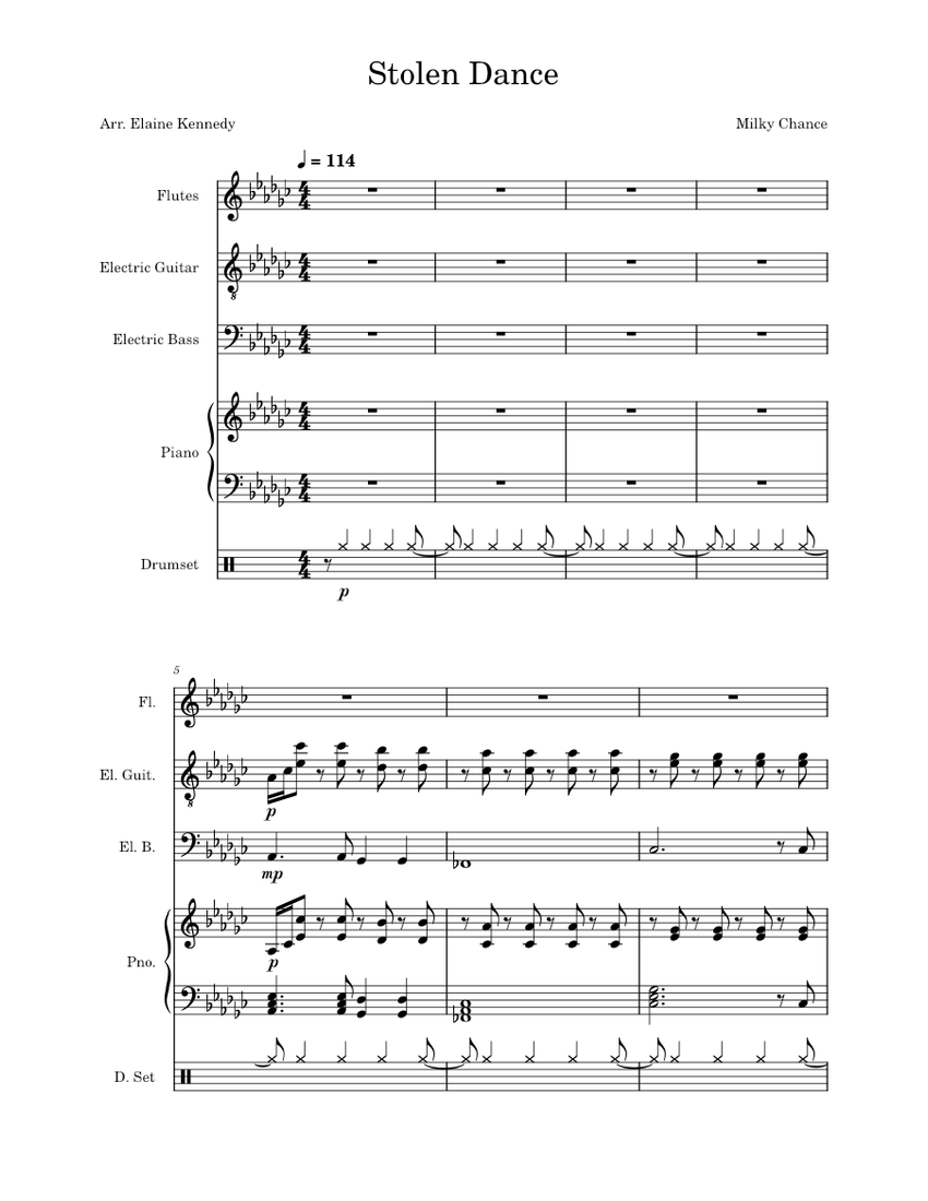 Stolen dance Milky Chance Sheet music for Piano, Flute, Guitar, Bass