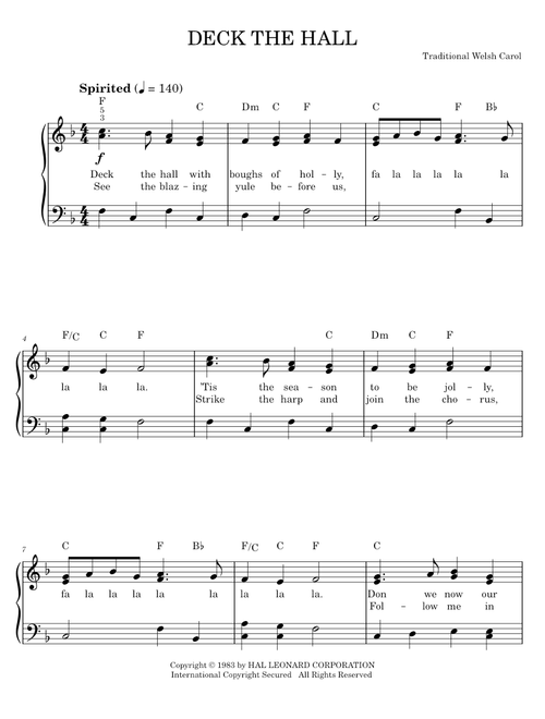 Deck The Hall - Traditional Welsh Carol (Easy Piano)