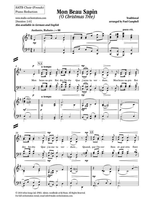 Mon Beau Sapin (O Christmas Tree) (Arr. Paul Campbell / Studio Orchestrations) - Traditional (Choral, SATB)