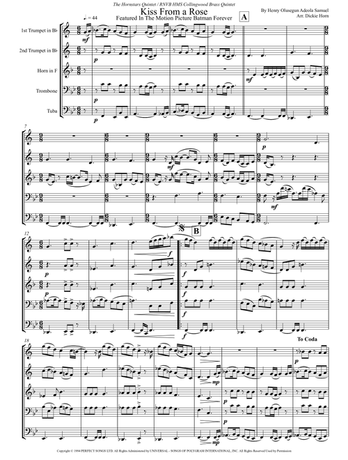 Kiss From A Rose (Arr. Dickie Horn) - Seal (Brass Ensemble)