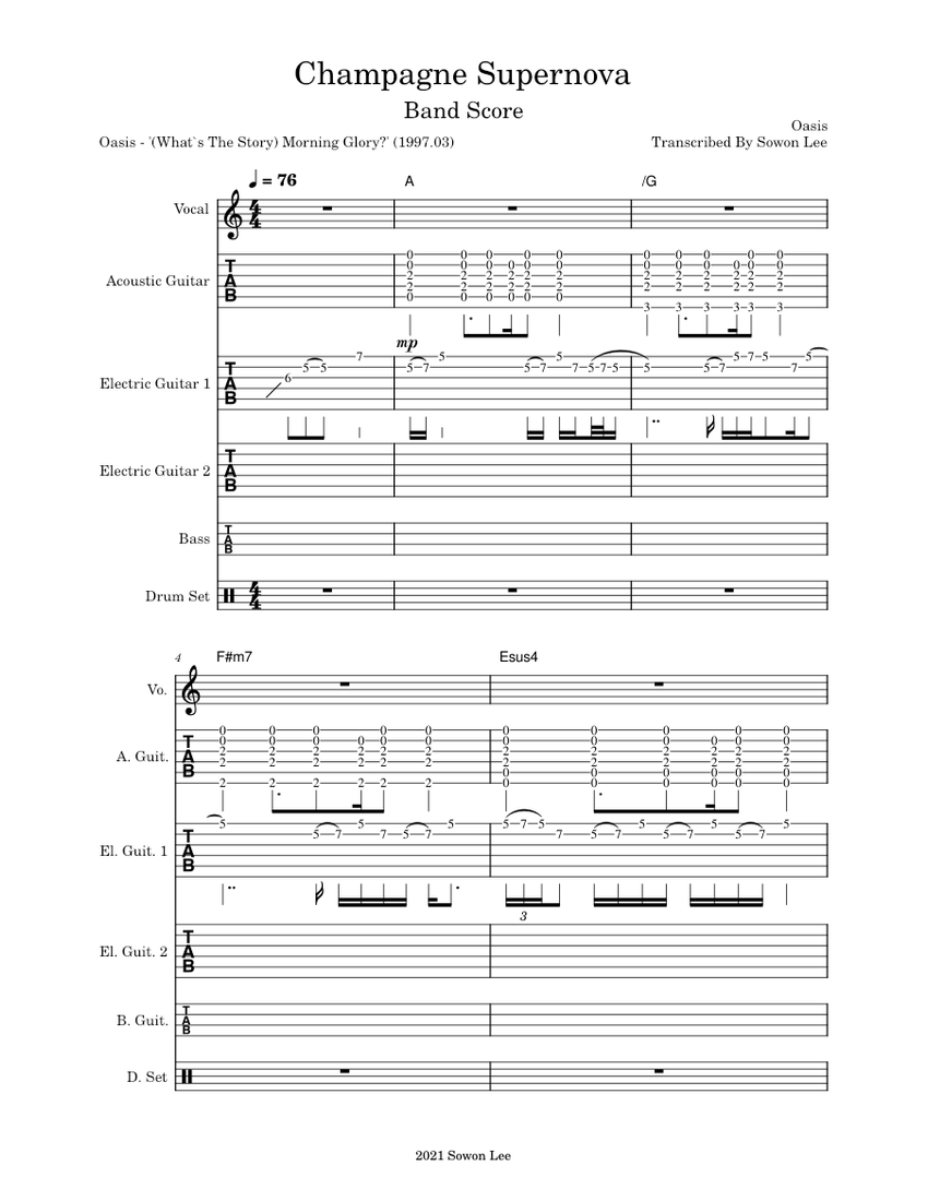 Oasis Champagne Supernova Band Score Sheet Music for Vocals Guitar