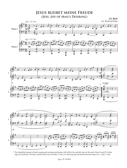 Jesu, Joy of Man's Desiring (Arr. Richard Simm) (Piano Duet)