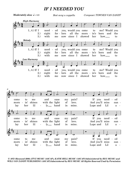 If I Needed You (Arr. Richard E. Wentzel) - Townes Van Zandt (Choral, SSA)