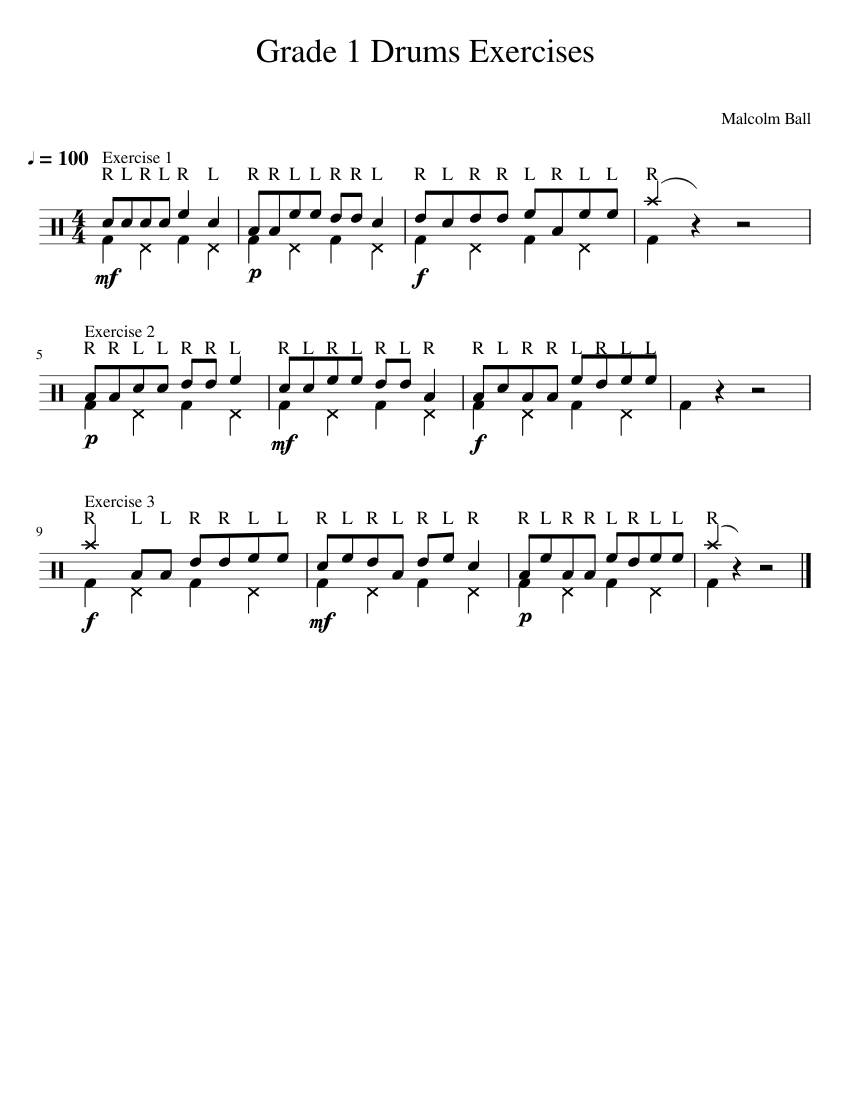 Grade 1 Drums Exercises Sheet Music for Drum group (Solo) | MuseScore.com