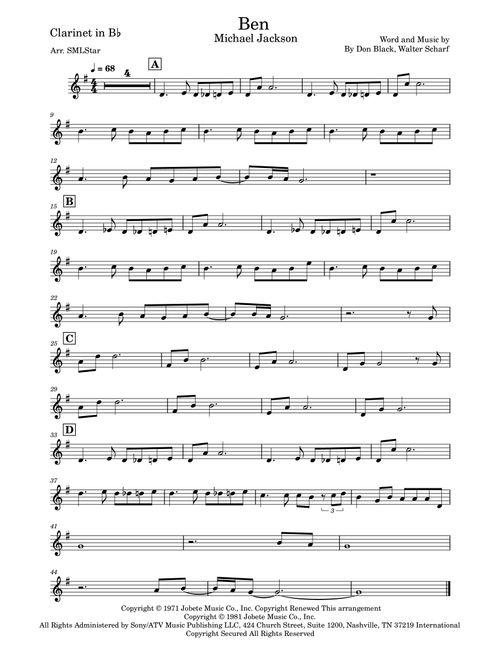 Ben (Arr. SMLStar) - Michael Jackson (Clarinet Solo)