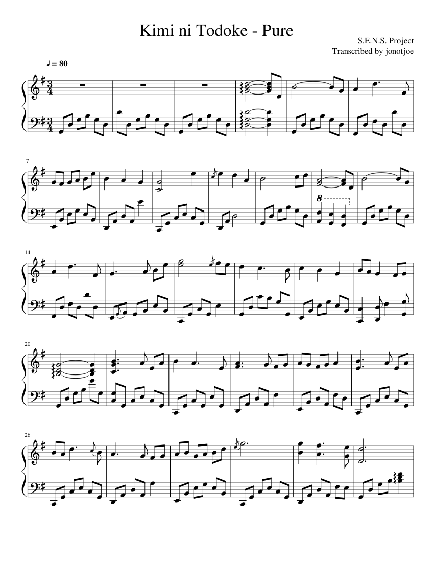 Kimi ni Todoke - Pure Sheet Music for Piano (Solo) easy