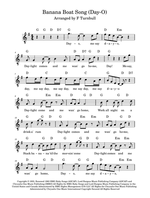 Day-o (the Banana Boat Song) (Arr. F Turnbull) - Harry Belafonte (Piano-Vocal-Guitar (Piano Accompaniment))